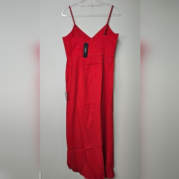 Lulus Women's Reinette Rust Red Faux Wrap Pleated Overlap Sleveless Midi Dress - Picture 9 of 16